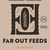 Far Out Feeds organic hog mash packaging with branding and product details.