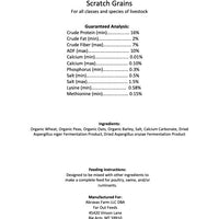 Product label for Far Out Feeds scratch grains with guaranteed analysis, ingredients, and feeding instructions.