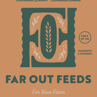 Far Out Feeds organic cattle finisher packaging with logo and text on a brown background