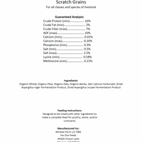 Far Out Feeds scratch grains nutrition label with guaranteed analysis and ingredients list.