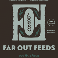 Far Out Feeds organic goat feed packaging with branding and product details.