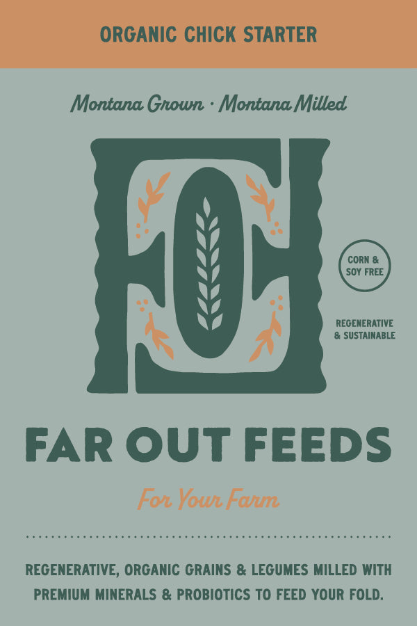 Far Out Feeds organic chick starter packaging with branding and product details.