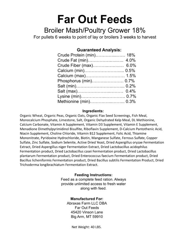 Broiler Mash/Poultry Grower 18% feed label with guaranteed analysis and ingredients list on a white background.