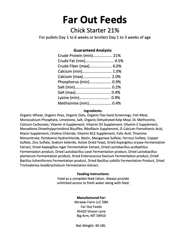 Nutritional label for Far Out Feeds Chick Starter 21% feed on a white background