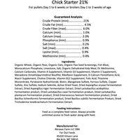 Nutritional label for Far Out Feeds Chick Starter 21% feed on a white background