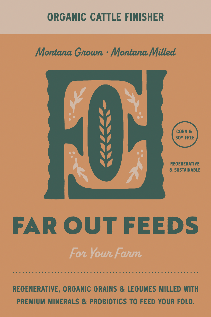 Far Out Feeds organic cattle finisher packaging with logo and text on a brown background