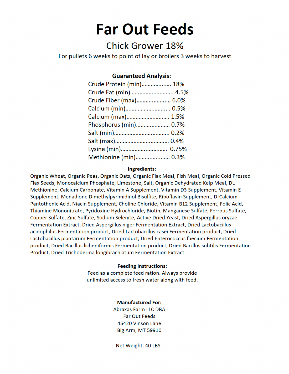 Nutritional label for Far Out Feeds Chick Grower 18% feed mix.