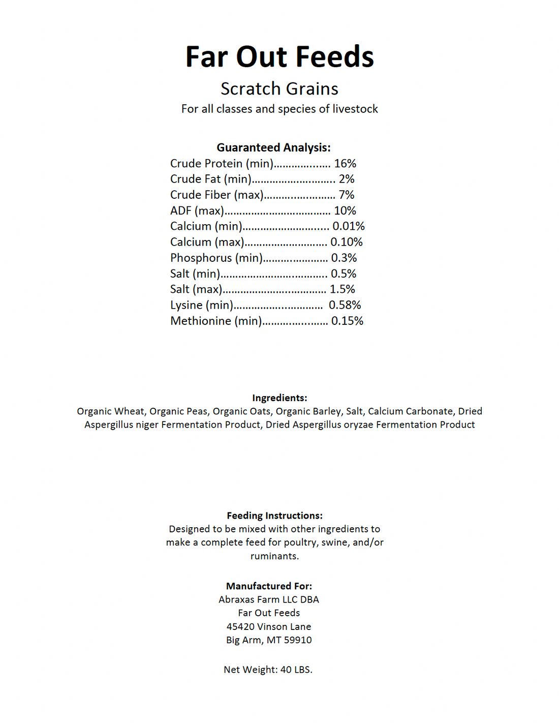Far Out Feeds scratch grains nutrition label with guaranteed analysis and ingredients list.