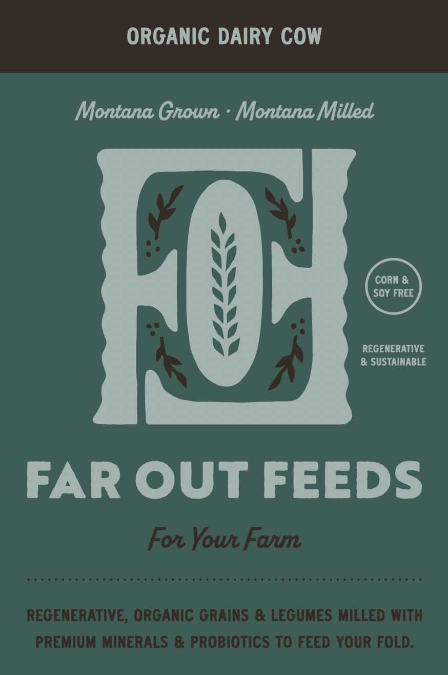 Far Out Feeds packaging for organic dairy cow feed with branding and product details.