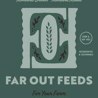 Far Out Feeds packaging for organic dairy cow feed with branding and product details.