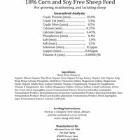 Far Out Feeds 18% Corn and Soy Free Sheep Feed label with guaranteed analysis and ingredients listed.