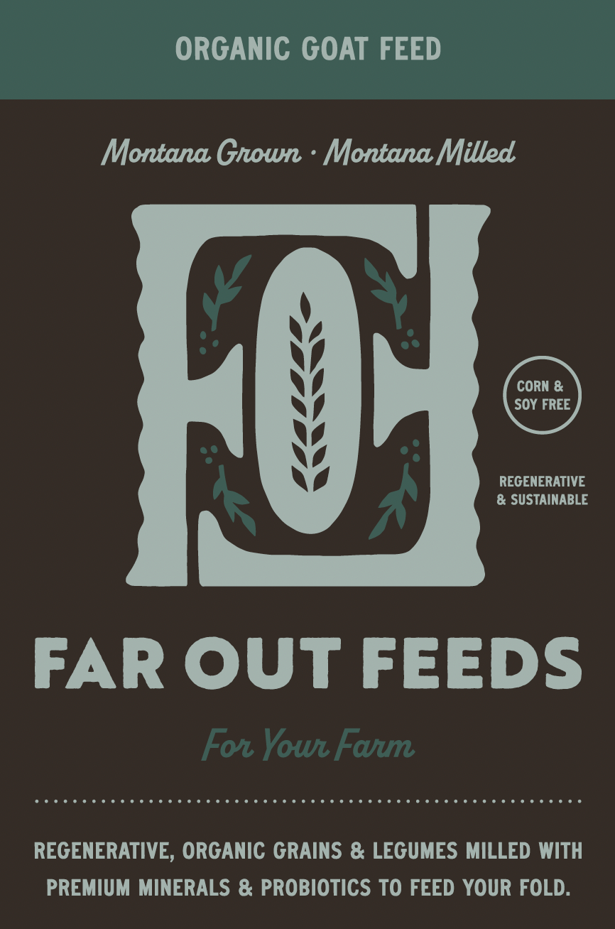 Far Out Feeds organic goat feed packaging with branding and product details.