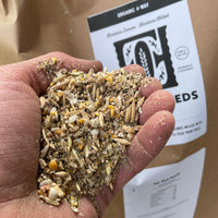 Hand holding Far Out Feeds' 4-Way Scratch Grains.